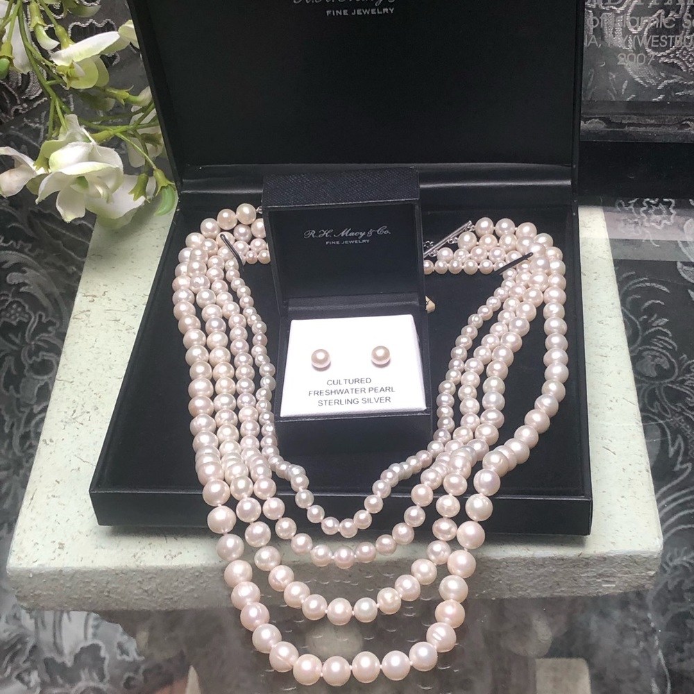 Belle De Mer Cultured Pearl 4 -Row Necklace and Earrings Set